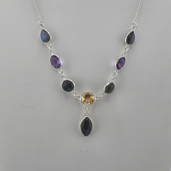 Natural Multi Gemstone Choker Necklace 925 Sterling‎ Silver 925
